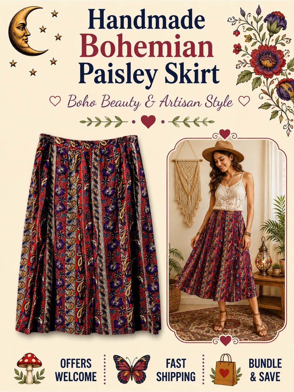 Handmade Boho Paisley Floral Midi Skirt Elastic Waist M-L